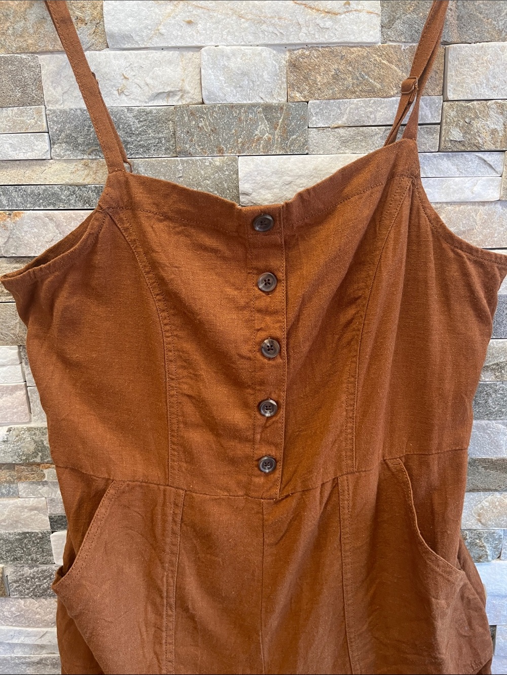 Old Navy Rust-Brown Wide-Leg Linen-Blend Jumpsuit with Buttons - Picture 2 of 16